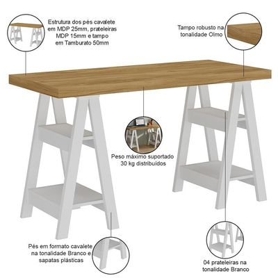 Mesa Para Escritório Escrivaninha Home Office Art A02 Olmo Branco - Lyam Decor