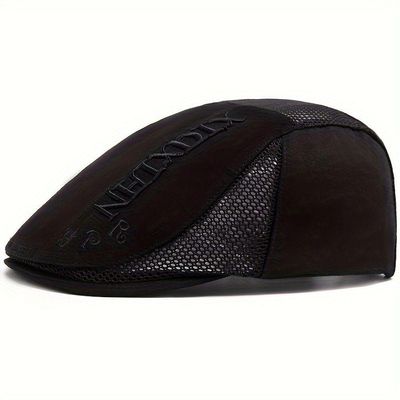 Boina Vintage Masculino Com Letras Bordado Ajustável Em Poliéster Respirável Preto