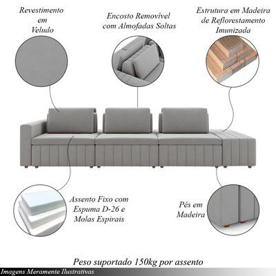 Sofá Ilha com Encosto e Almofadas Móveis Olimpo 365cm Modulado Veludo Cinza G45 - Gran Belo