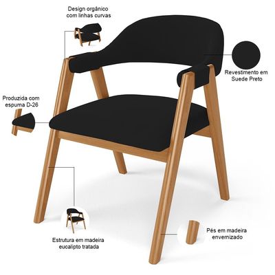 Kit 02 Cadeiras de Jantar e Estar Living Estofada Nadja L02 Suede Preto - Lyam Decor