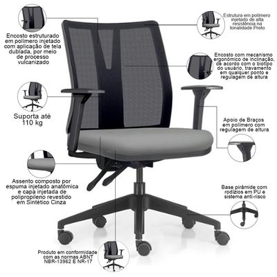 Cadeira de Escritório Giratória Diretor Flow F02 Base Preta Sintético Cinza - Lyam Decor