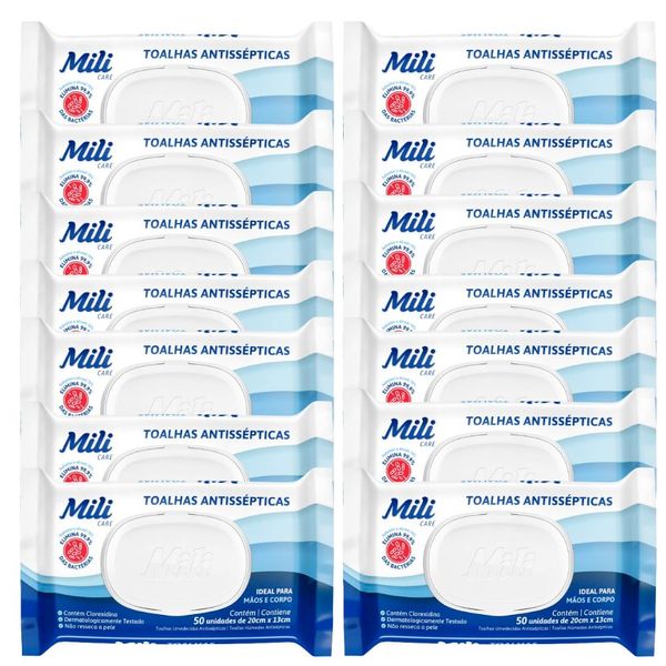 Toalhas Antissépticas Mili 14 pacotes c/ 50 (total: 700 toalhas)-sem álcool