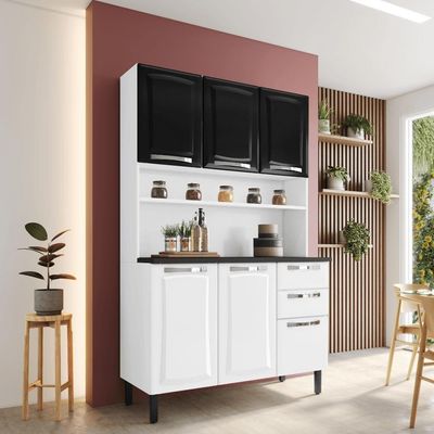 Kit De Cozinha Compacta Pratika Branco E Preto 120cm Em Aço Itatiaia