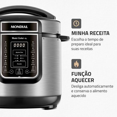 Panela de Pressão Elétrica Digital 6L Mondial Preto e Inox - PE-60-6L-I 127V
