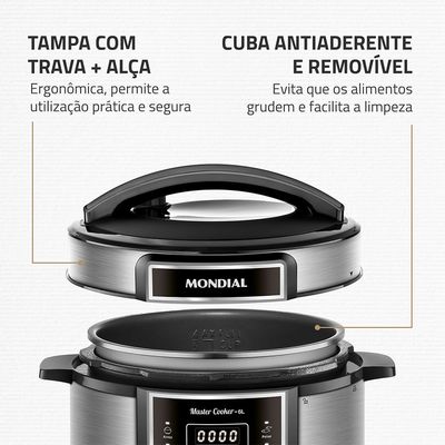 Panela de Pressão Elétrica Digital 6L Mondial Preto e Inox - PE-60-6L-I 127V