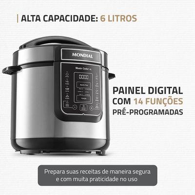 Panela de Pressão Elétrica Digital 6L Mondial Preto e Inox - PE-60-6L-I 127V