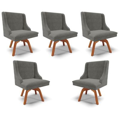 Kit 5 Cadeiras Decorativas Sala de Jantar Base Giratória de Madeira Firenze Suede Grafite/Natural G19 - Gran Belo