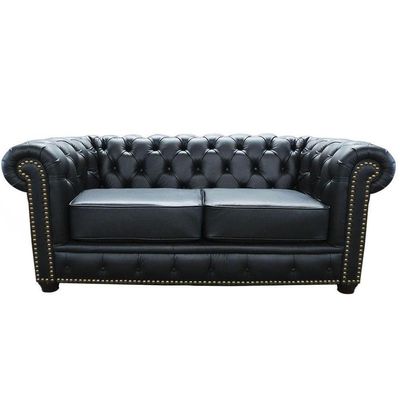 Sofá 2 Lugares Sala de Estar Chesterfield com Pés Madeira Couro Preto - Gran Belo