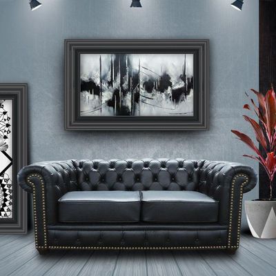 Sofá 2 Lugares Sala de Estar Chesterfield com Pés Madeira Couro Preto - Gran Belo