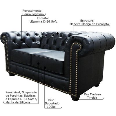 Sofá 2 Lugares Sala de Estar Chesterfield com Pés Madeira Couro Preto - Gran Belo