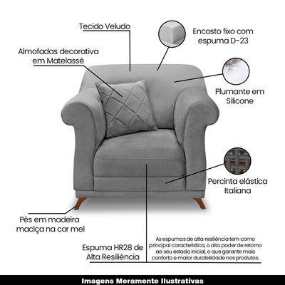 Poltrona Decorativa com 1 Almofada Armstrong Veludo Cinza - Gran Belo