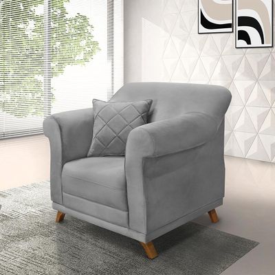 Poltrona Decorativa com 1 Almofada Armstrong Veludo Cinza - Gran Belo
