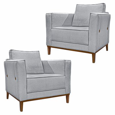 Kit 2 Poltronas Decorativas Pés em Madeira Tarantino Linho Cinza Rustico - Gran Belo