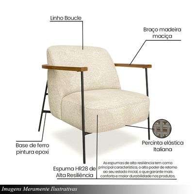 Poltrona Sala de Estar Pés em Ferro Preto Braço Madeira Maciça 86cm Thane Bouclê Bege G63 - Gran Belo