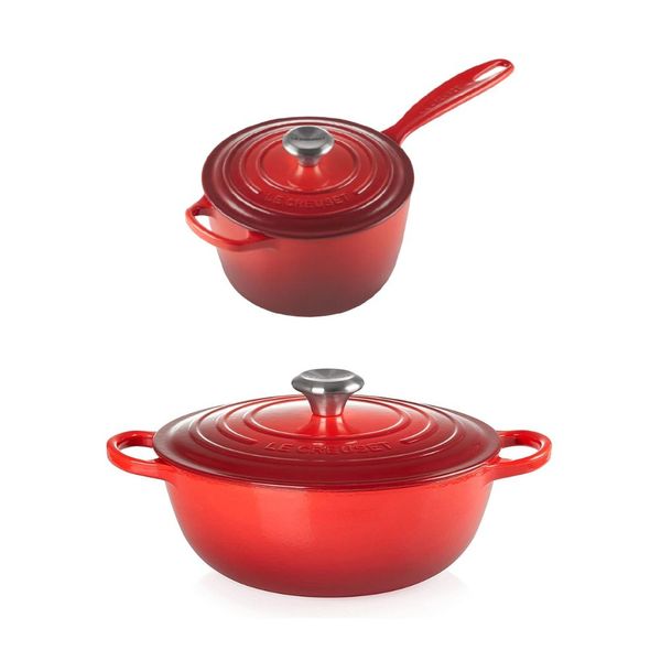 KIT LE CREUSET PANELA MARMITA 26CM E MOLHEIRA 16CM EM FERRO ESMALTADO VERMELHO