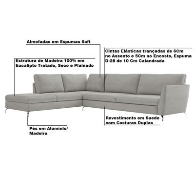 Sofá de Canto Chaise Esquerdo 307 cm Olívia Suede Cinza - Gran Belo