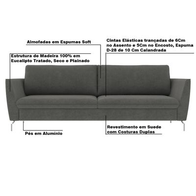 Sofá Decorativo Sala de Estar 230cm Olívia Suede Grafite - Gran Belo