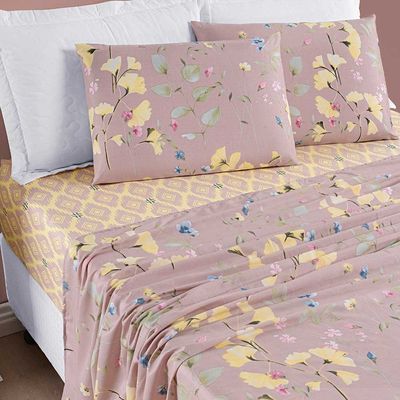 Jogo de Cama Lençol Dallas Casal Padrão Microfibra 4 Peças - Rosê Lavanda Floral