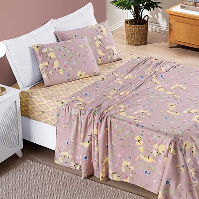 Jogo de Cama Lençol Dallas Casal Padrão Microfibra 4 Peças - Rosê Lavanda Floral