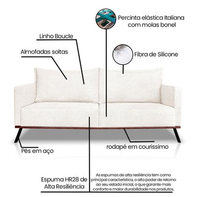 Sofá Living 2 Lugares com Pés de Ferro Almofadas Soltas 200cm Saiph Bouclê Off White G63 - Gran belo