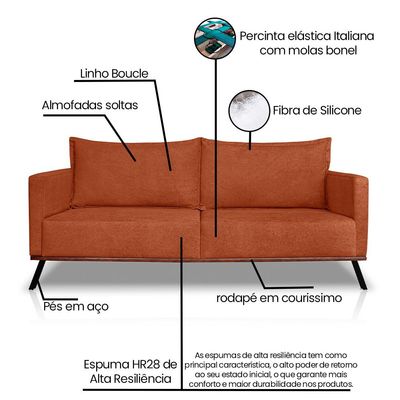 Sofá Living 3 Lugares com Pés de Ferro Almofadas Soltas 220cm Saiph Bouclê Terracota G63 - Gran belo