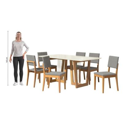 Conjunto Sala De Jantar Dora Em Madeira Maciça 6 Cadeiras Boucle Cinza