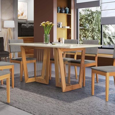 Conjunto Sala De Jantar Dora Em Madeira Maciça 6 Cadeiras Boucle Cinza