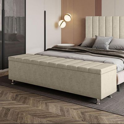 Calçadeira Baú Recamier Estofado Queen 160 Cm ônix Veludo Bege