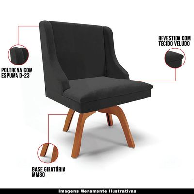 Cadeira Decorativa Sala de Jantar Base Giratória de Madeira Firenze Veludo Preto/Natural G19 - Gran Belo