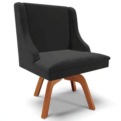 Cadeira Decorativa Sala de Jantar Base Giratória de Madeira Firenze Veludo Preto/Natural G19 - Gran Belo
