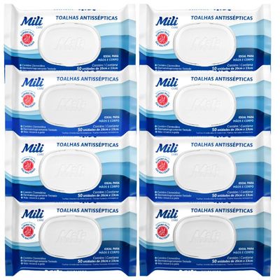 Toalhas Antissépticas Mili  8 pacotes c/ 50 (total:  400 toalhas) - sem álcool