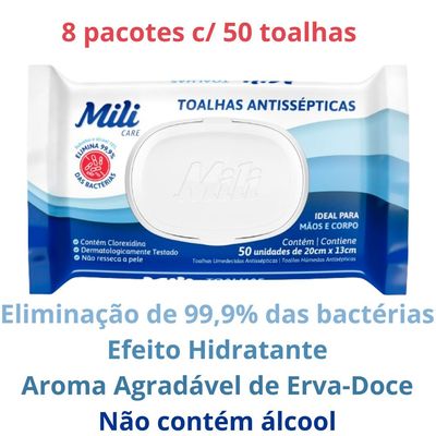 Toalhas Antissépticas Mili  8 pacotes c/ 50 (total:  400 toalhas) - sem álcool