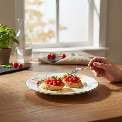Prato sobremesa Cerâmica Copa&Cia Aquarelle Pomodoro e Basilico 21cm Design Italiano Gourmet