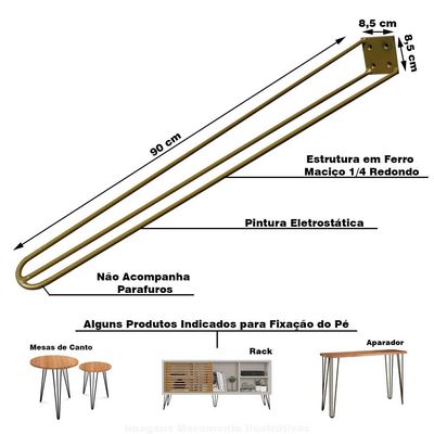 Kit 12 Pés de Metal 90 CM Hairpin Legs Aparador e Mesa de Canto Dourado