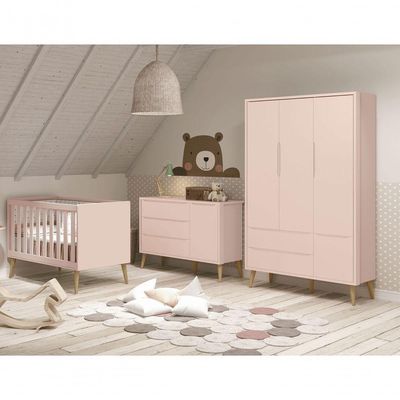 Jogo De Quarto Para Bebê Completo 3 Portas Théo New Rosa Fosco Com Natural - Moveisaqui