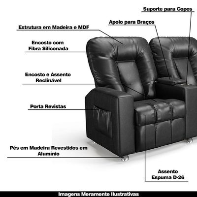 Poltrona do Papai Reclinável 2 Lugares Sala de Cinema Pequim Manual PU Preto G23 - Gran Belo