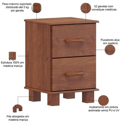 Mesa De Cabeceira 2 Gavetas Madeira Maciça Selena F06 Imbuia - Lyam Decor