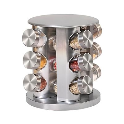 Porta Temperos Com Suporte Inox 12 Frascos De Vidro Com Base Rotatória Para Cozinha