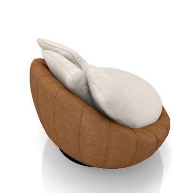 Poltrona Giratória Sala de Estar com Almofadas Afrodite Off White Caramelo Manchado Linho/PU G45 - Gran Belo
