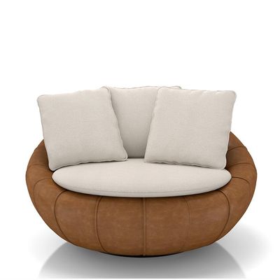 Poltrona Giratória Sala de Estar com Almofadas Afrodite Off White Caramelo Manchado Linho/PU G45 - Gran Belo