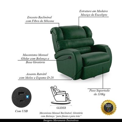 Poltrona do Papai Sala de Cinema Reclinável Kylie Glider Manual Giratória USB PU Verde Musgo G23