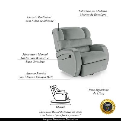 Poltrona do Papai Sala de Cinema Reclinável Kylie Glider Manual Giratória PU Cinza G23