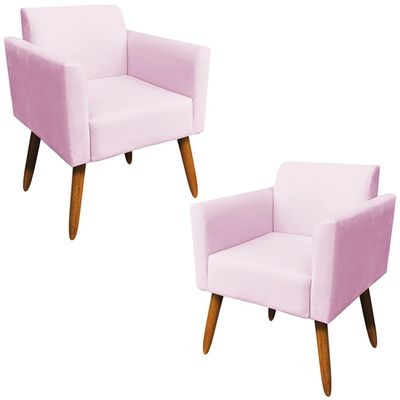 Kit 02 Poltronas Decorativas Isabella Pés Palito Madeira Suede Rosa Bebê - Gran Belo