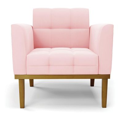 Poltrona Decorativa Karen Pés Fixo em Madeira Castanho Suede Rosa Bebê G19 - Gran Belo