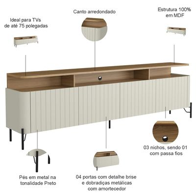 Rack Para Sala de Estar TV 75 Pol 4 Portas Brise 180cm Pés Preto Clio I03 Louro Luna - Lyam