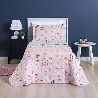 Kit Cobre Leito Colcha Solteiro Infantil Lutti Dupla Face 200 Fios 2 Peças Raposa Foxy Rosa