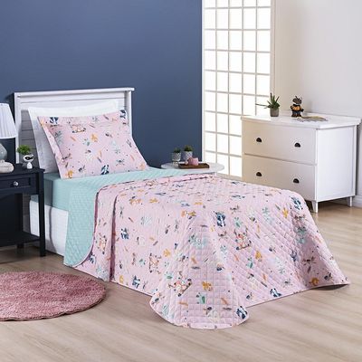 Kit Cobre Leito Colcha Solteiro Infantil Lutti Dupla Face 200 Fios 2 Peças Raposa Foxy Rosa