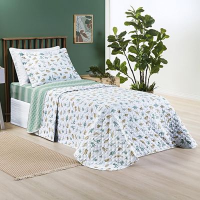 Kit Cobre Leito Colcha Solteiro Infantil Lutti Dupla Face 200 Fios 2 Peças Dinossauro Verde