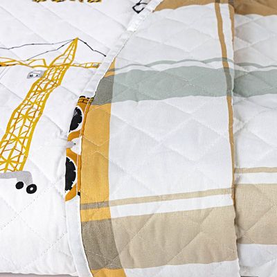 Kit Cobre Leito Colcha Solteiro Infantil Lutti Dupla Face 200 Fios 2 Peças Trator Caminhão Branco