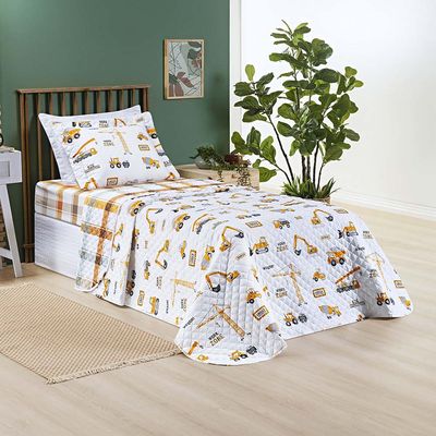 Kit Cobre Leito Colcha Solteiro Infantil Lutti Dupla Face 200 Fios 2 Peças Trator Caminhão Branco